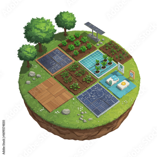 Sustainable urban farming system integrating solar panels and hydroponics.