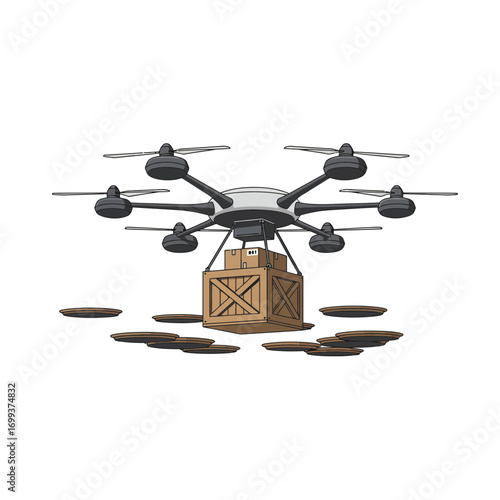 A modern drone carrying a wooden crate with packages, ready for delivery.