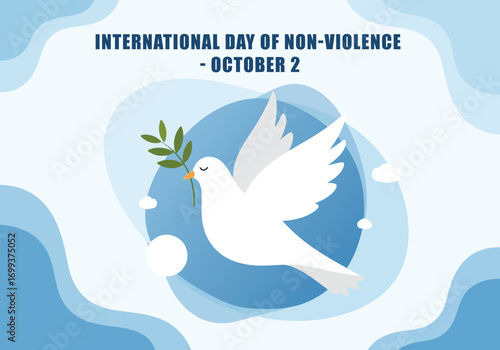 vector illustration of a white dove with an olive branch flying in a blue sky for an International Day of Non-Violence poster.
