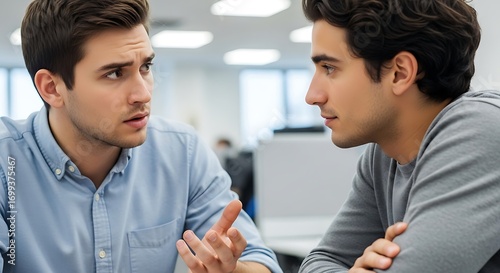 Two Young Men Having Serious Discussion in Office Depicting Problem Solving and Team Communication
