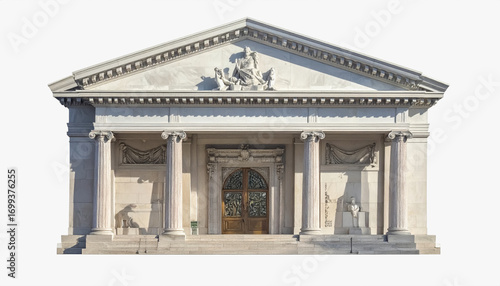 Impressive building featuring a statue at the front symbolizing universal banking against a white background