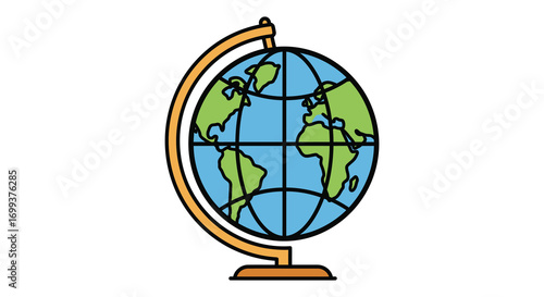 a colorful globe on wooden stand showing continents oceans