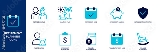 Retirement Planning Blue Colored Outline Icon Set
