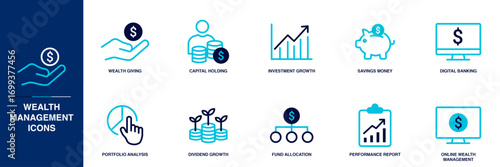 Wealth Management Blue Colored Outline Icon Set