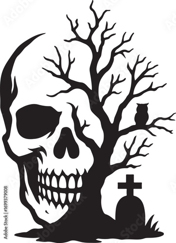 Spooky Skull Graveyard Vector Illustration with Haunted Tree Tombstone and Owl Gothic Halloween Creepy Silhouette Design for Horror Art Tattoo Sticker Print and Digital Download