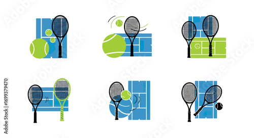 Tennis rackets and balls on court