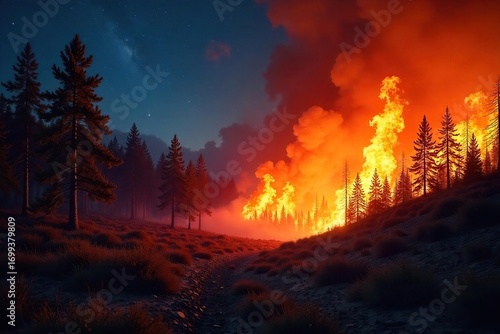 Fierce wildfire raging through a dry forest, consuming trees and underbrush, leaving behind a trail of destruction and smoke The intense flames illuminate the night sky , devastation, environment