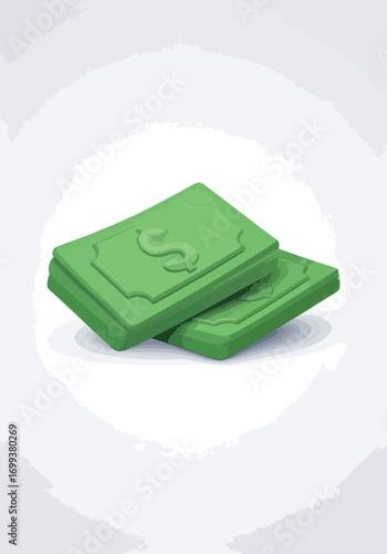 Two green bills with a dollar sign on top against a white circular background with gray shadows.