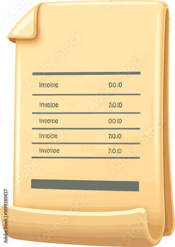 3D illustration of a rolled up invoice document with financial details on a plain white background.