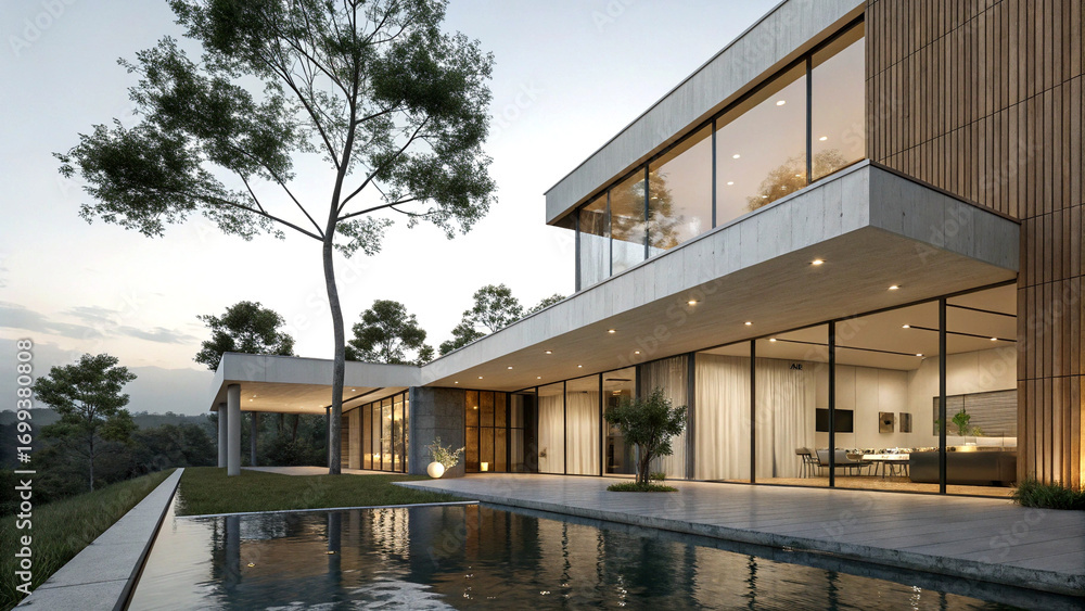 Fototapeta premium Modern building with clean lines and warm lighting