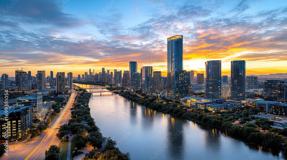 Fototapeta premium Stunning skyline at dawn with reflections on river, showcasing urban beauty and tranquility