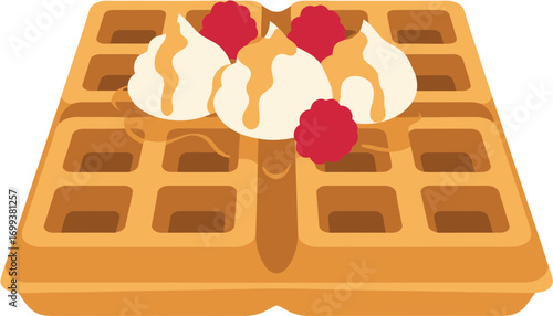 Flat Design Fresh Waffle with Cream and Raspberry Dessert Illustration