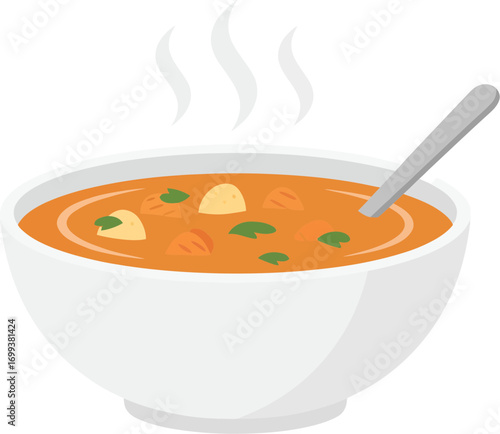 Flat Illustration of Delicious Hot Soup in White Bowl with Spoon