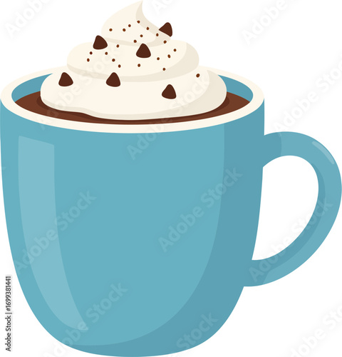 Simple Cartoon Style Blue Mug of Hot Chocolate with Cream Dessert