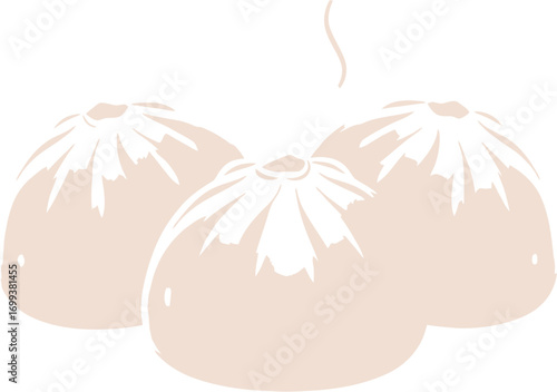 Simple Flat Illustration of Three Steamed Buns with Slight Pink Color