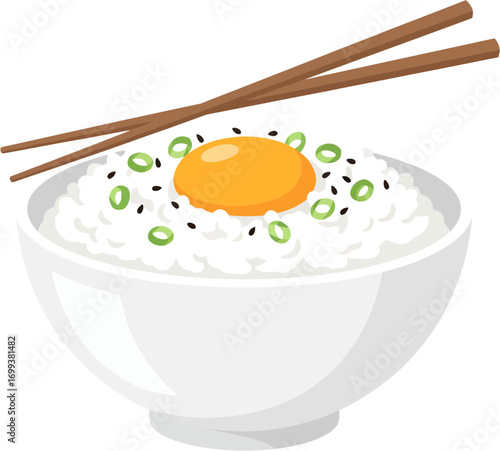 Flat Style Delicious Egg Rice Bowl with Chopsticks Illustration