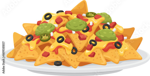 Detailed Cartoon Nachos with Guacamole, Jalapeno, Cheese on Plate