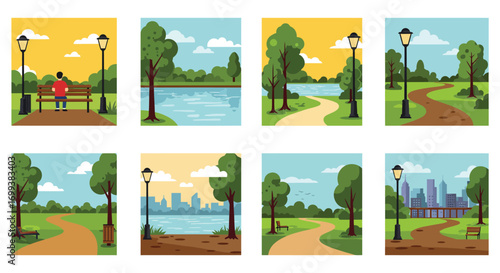 a serene park scene with benches paths trees and city skyline