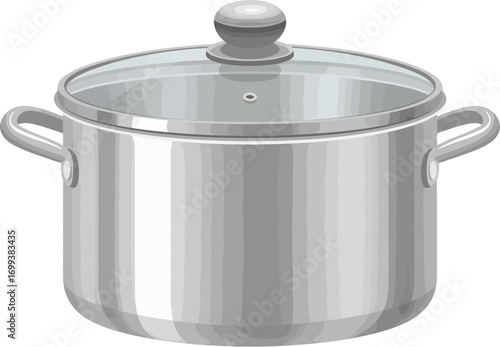 Realistic Metallic Cooking Pot With Glass Lid and Handle Illustration
