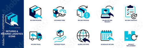 Returns & Reverse Logistics Blue Colored Outline Icon Set