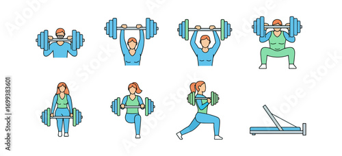 Diverse people performing weightlifting exercises