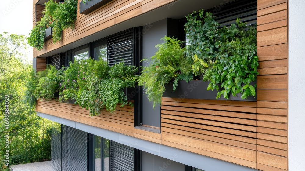 Fototapeta premium Lush greenery adorns modern balconies, blending architecture with nature beauty