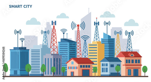 smart city skyline with modern buildings and communication towers
