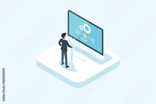 latest software update on computer screen, updating, isometric concept, flat design