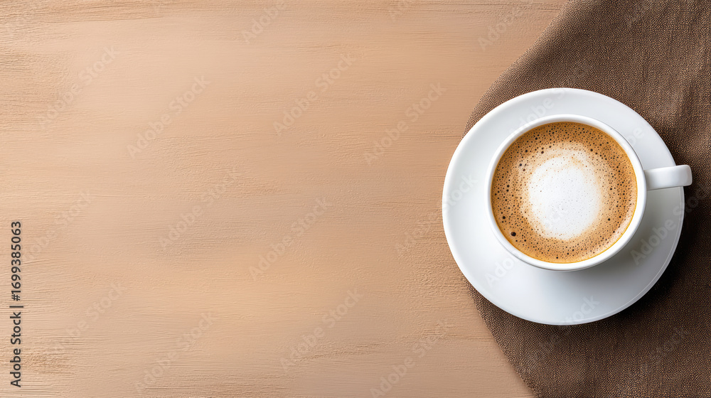 Obraz premium Aromatic coffee in white cup on brown fabric