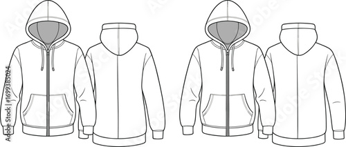 Hoodie sweatshirt vector flat sketch with zipper, drawstring hood, front pocket, ribbed cuffs and hem, unisex clothing fashion design template
