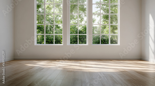 Bright, spacious interior with large windows showcasing greenery outside, creating serene