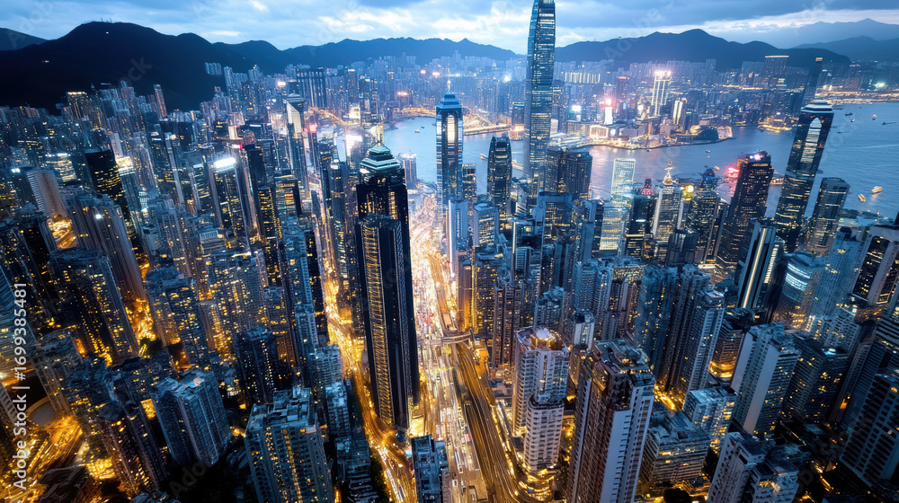 Obraz premium Aerial view of vibrant city skyline night, showcasing illuminated skyscrapers and bustling