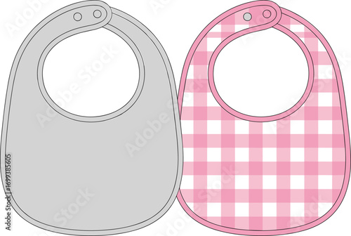 Baby bib vector illustration with plain grey design and pink gingham pattern, infant feeding accessory, cute kids clothing mockup, isolated background