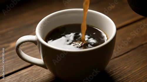 Close-up cinematic shot of pouring hot, fresh coffee into a white ceramic mug on a wooden table