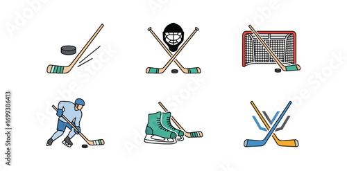 Hockey equipment and player illustrations