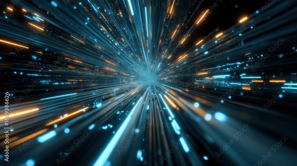 Fototapeta premium Abstract Data Stream Visualization of Futuristic Technology with Glowing Lines and Particles in Blue and Orange