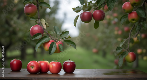 Red apples rest on a table in the foreground with a blurred apple orchard in the background.