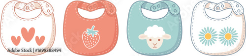 Set of pastel baby bibs with hearts, strawberry, sheep, and flower designs, cute cartoon infant feeding accessories, newborn clothing vector illustration