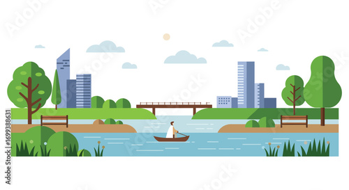 cityscape with river boat trees and modern buildings