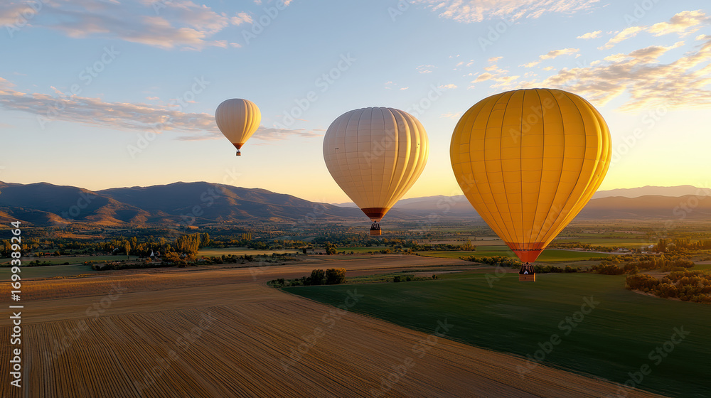 Obraz premium Hot air balloons float gracefully above scenic landscape at sunrise, creating serene atmosphere