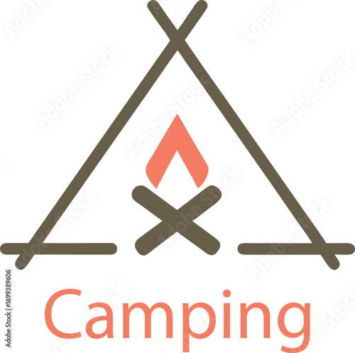 Simple graphic of a tent and campfire with the word camping wood