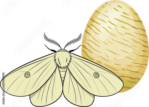 Silkworm moth with cocoon vector illustration, insect life cycle design, silk production biology, detailed entomology drawing, natural textile resource image