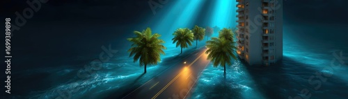 Panel kuchenny z motywem Flooded streets on tropical island after hurricane concept. A surreal scene of a building submerged in ocean floodwaters.