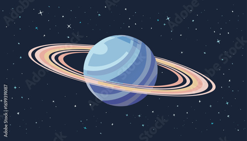 An artistic illustration presents the majestic planet Saturn, showcasing its iconic ring system and celestial beauty.