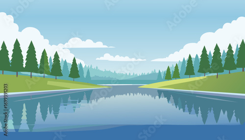 Serene lake and vibrant green trees create a perfect backdrop. Calm waters mirror the blue sky, ideal for a tranquil escape. 