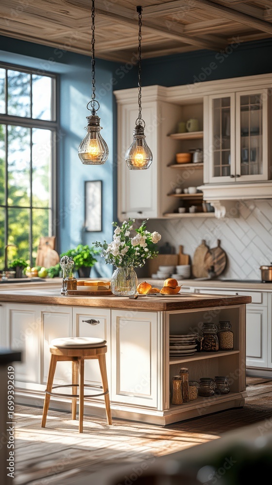 Fototapeta premium Bright and inviting kitchen interior with natural light filtering through large window in cozy home setting