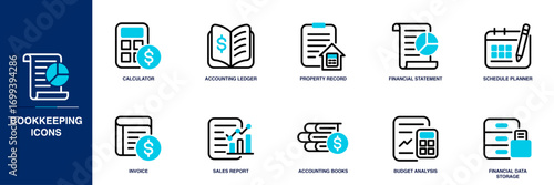 Bookkeeping Blue Colored Outline Icon Set