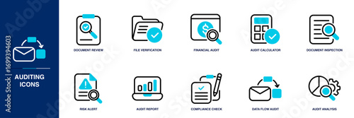 Auditing Blue Colored Outline Icon Set