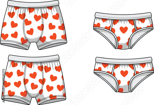 Vector illustration of men and women underwear set, heart pattern design, boxer briefs and panties, romantic lingerie fashion apparel mockup