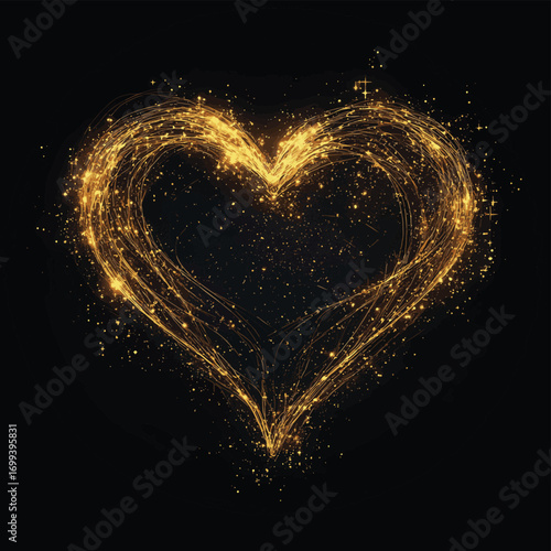 Abstract gold heart made of lines, stars isolated on black background. Precious love, values concept , vector style simple color